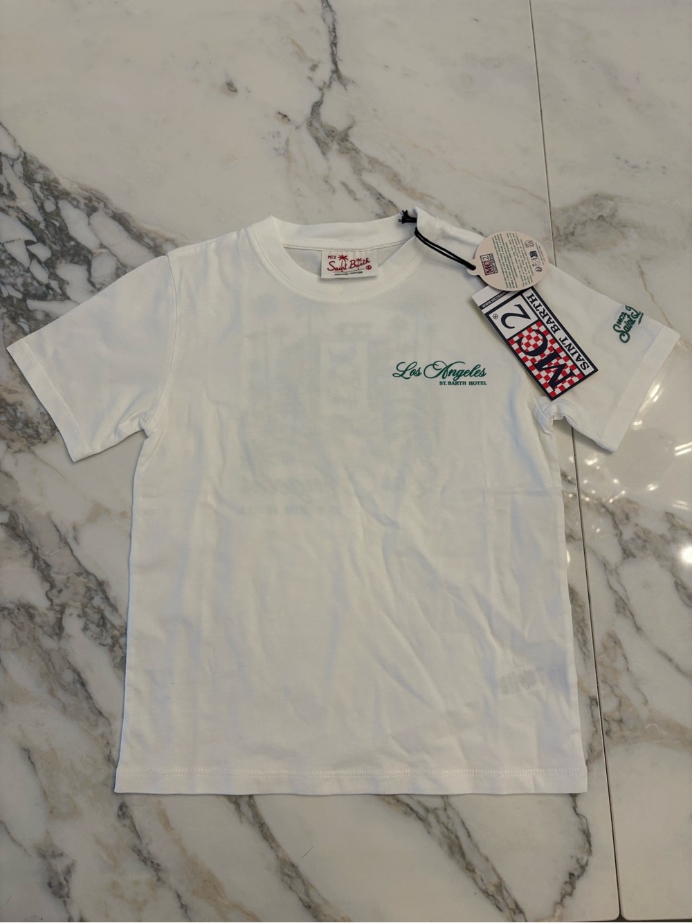 MC2 Saint Barth White Kids 'Los Angeles' Graphic Tee with Green Script